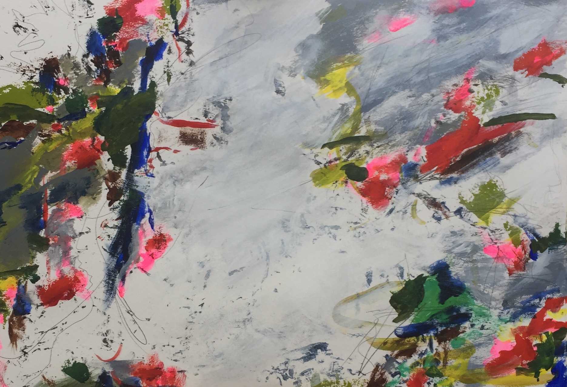 Under the west wind. acrylic and pencil on watercolour paper. 59 x 84 cm. Lynne Cameron , 2017.
