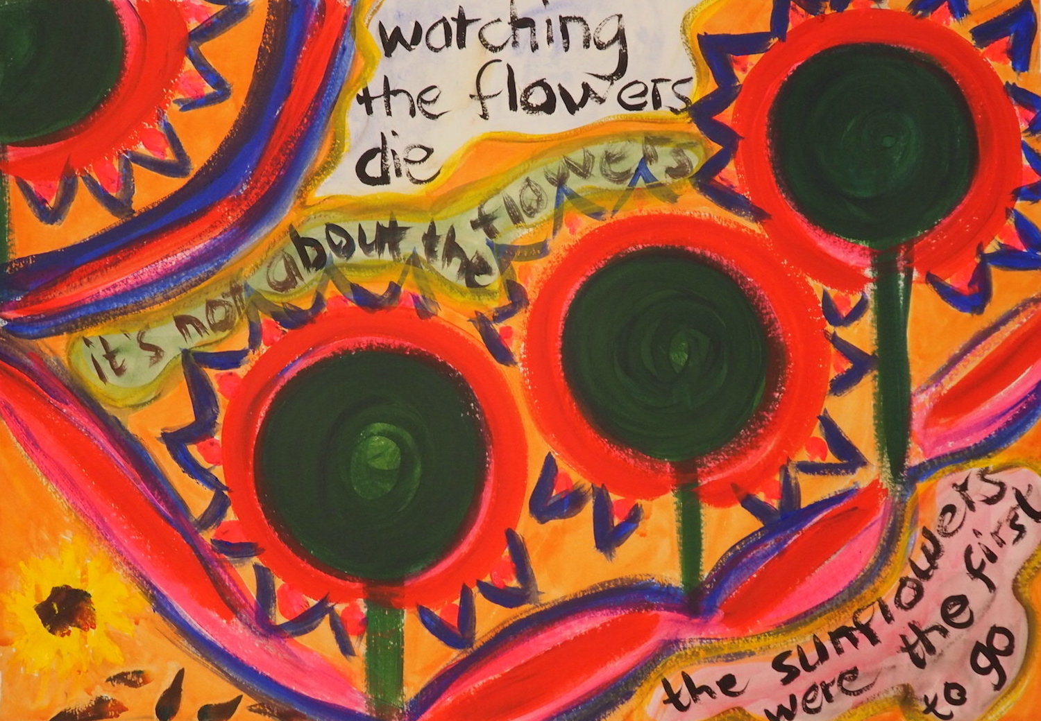 Watching the flowers die. acrylic on paper, 43 x 60 cm, Lynne Cameron 2015.