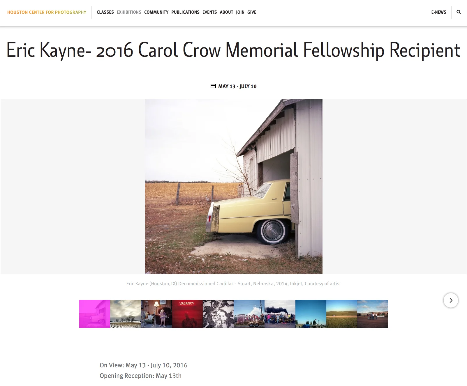 Screenshot from Houston Center for Photography website announcing fellowship and exhibition details