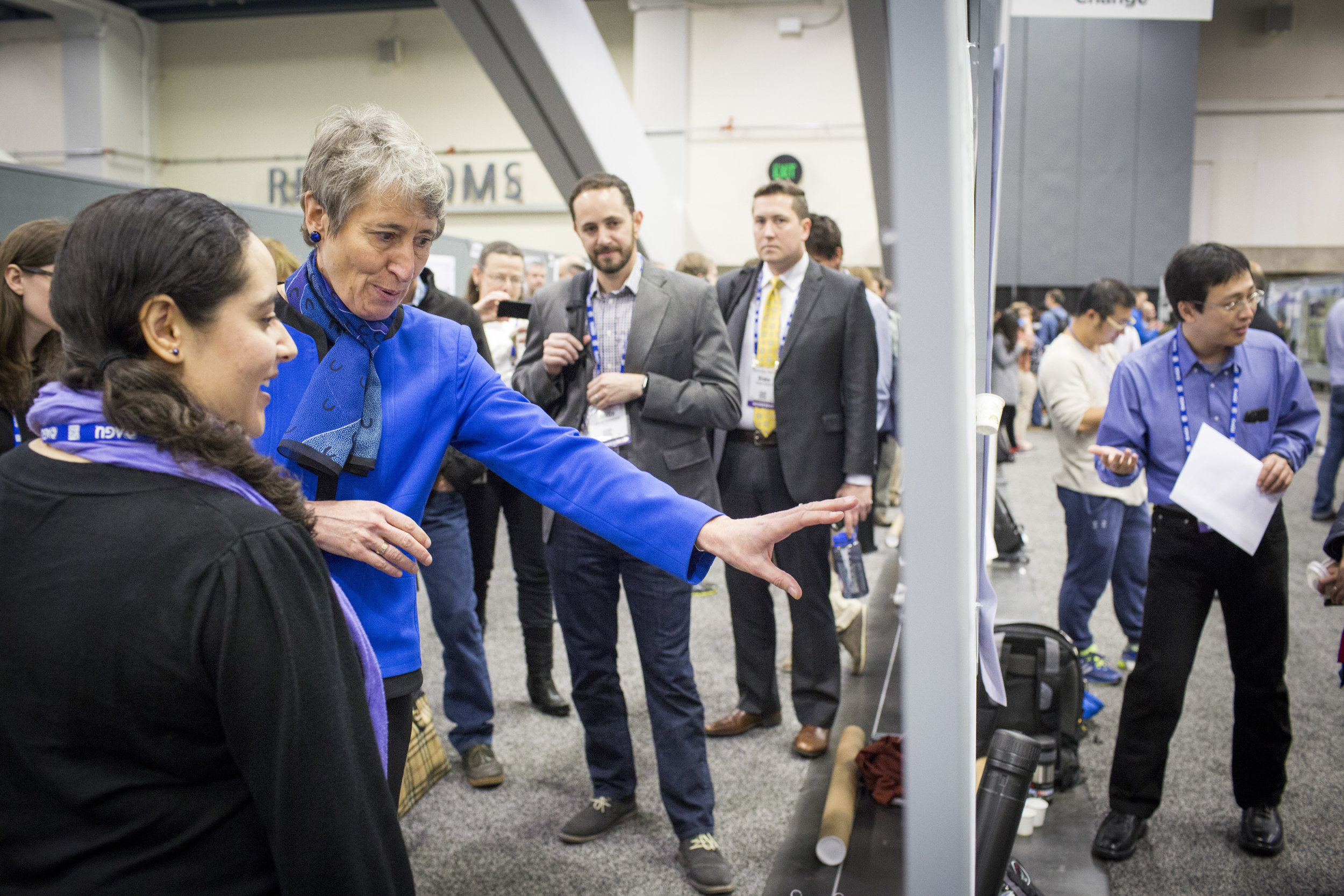 Secretary of the Interior Sally Jewell speaks with Dr. Cericia Martinez, research geophysicist with the USGS, Wednesday, Dec. 14, 2016 in San Francisco, CA at the American Geophysical Union's annual fall meeting. Martinez's report is titled "Quantif