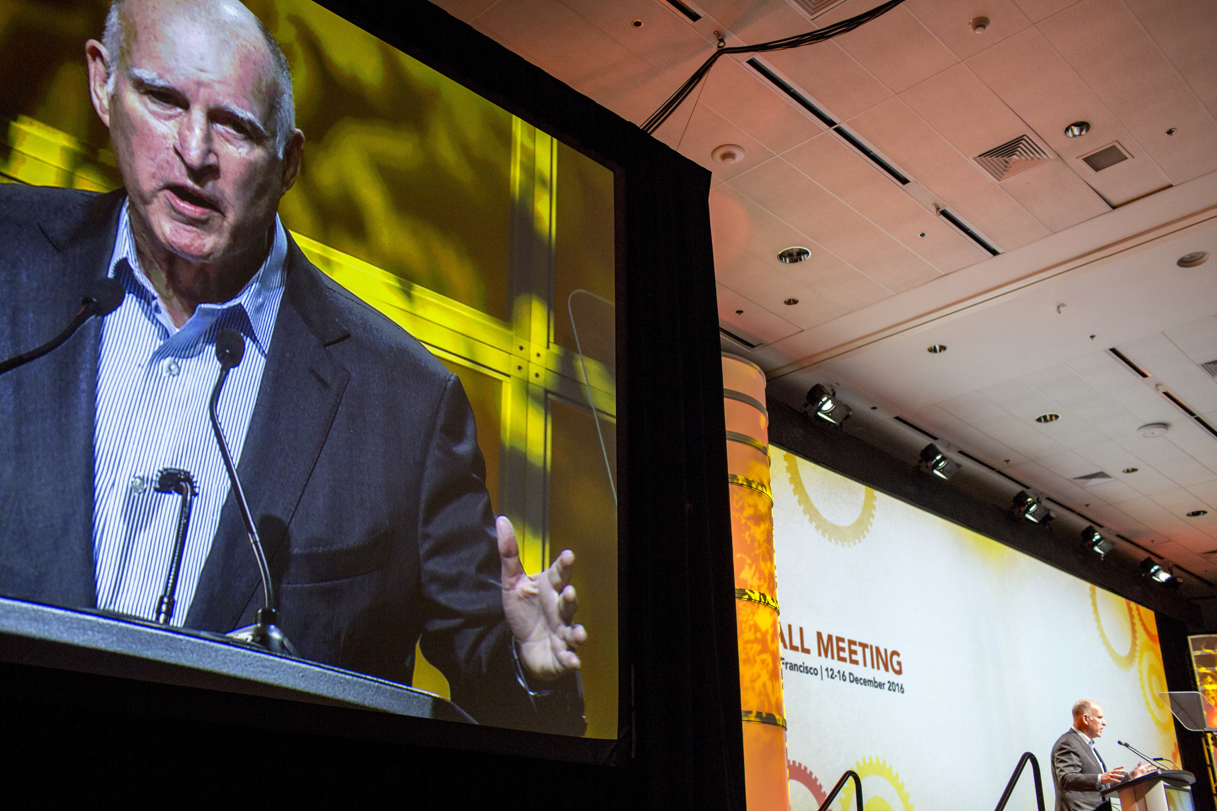  Governor Jerry Brown delivers an address Wednesday, Dec. 14, 2016 in San Francisco, CA at the American Geophysical Union's annual fall meeting. 