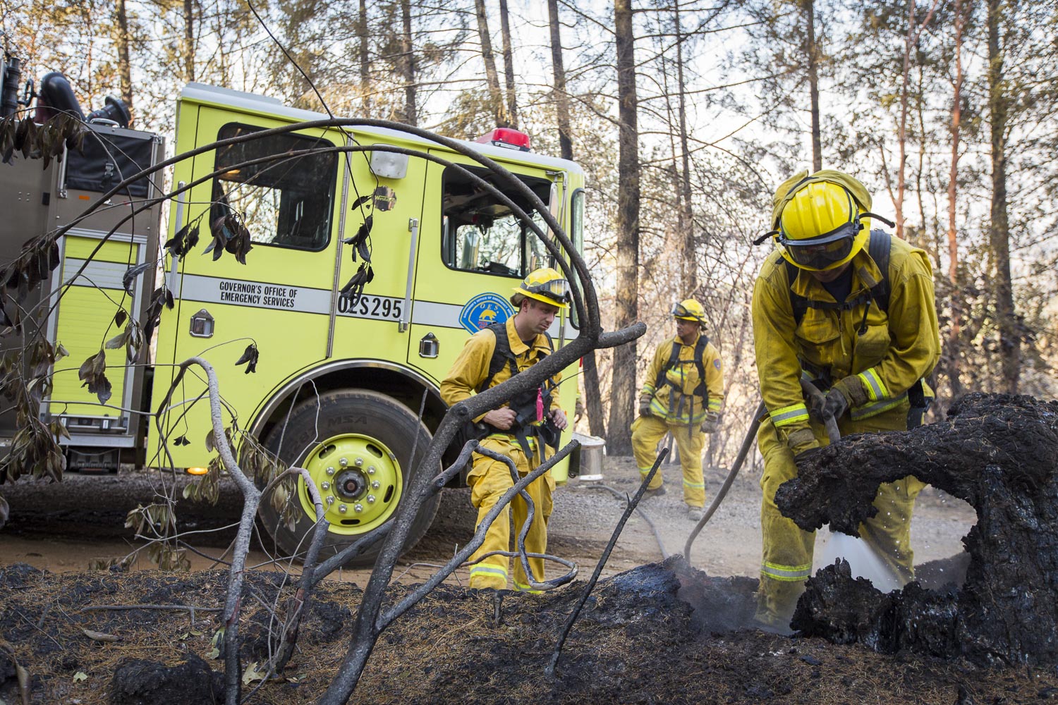  Firemen search for hotspots on Jan Hoyman's property destroyed by wildfire in a secluded neighborhood off Tomki Road Oct. 15, 2017 in Redwood Valley, CA. 