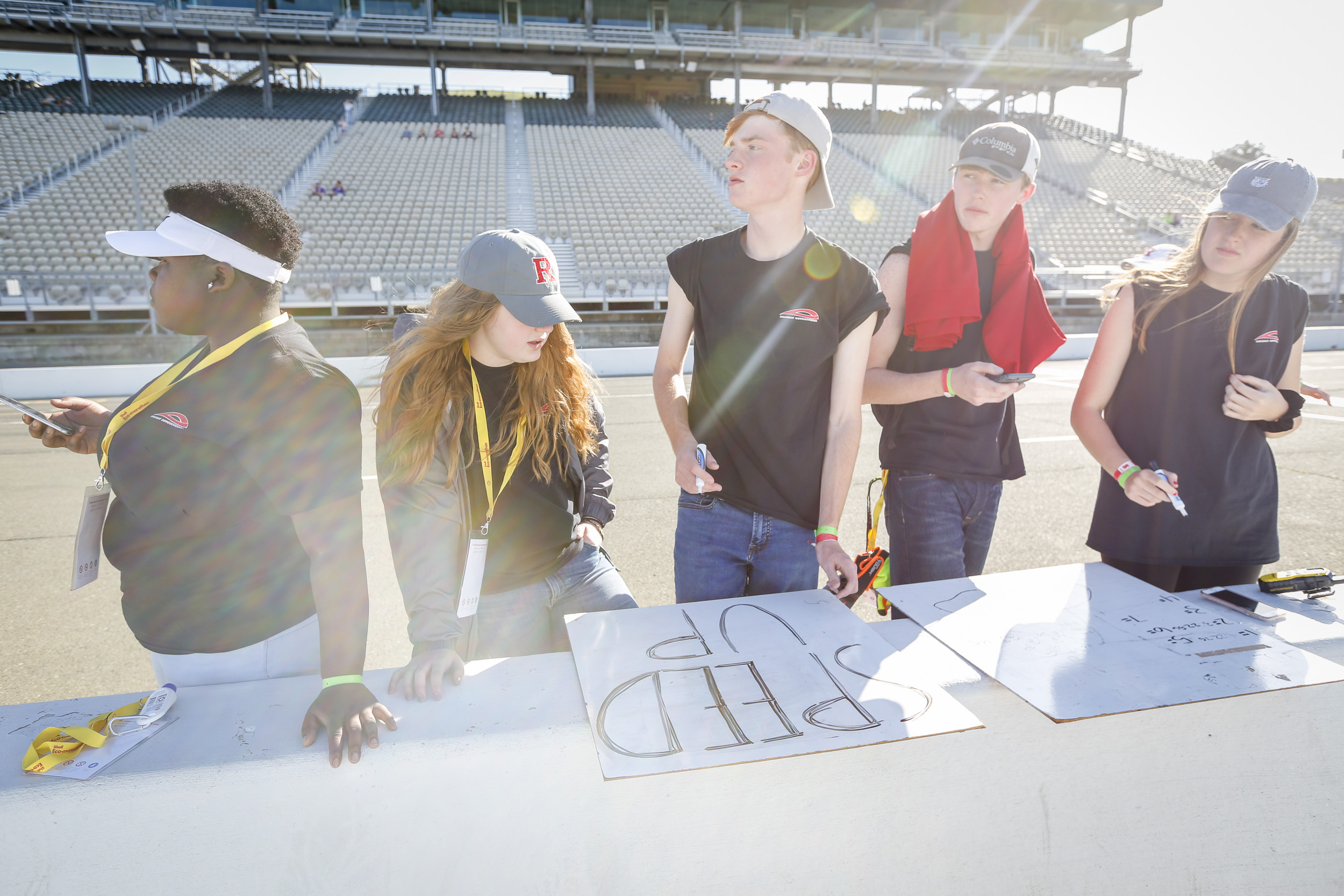  Team members prepare signage to signal their driver during day three of Shell Make the Future at Sonoma Raceway, Saturday, April 21, 2018 in Sonoma, Calif. 