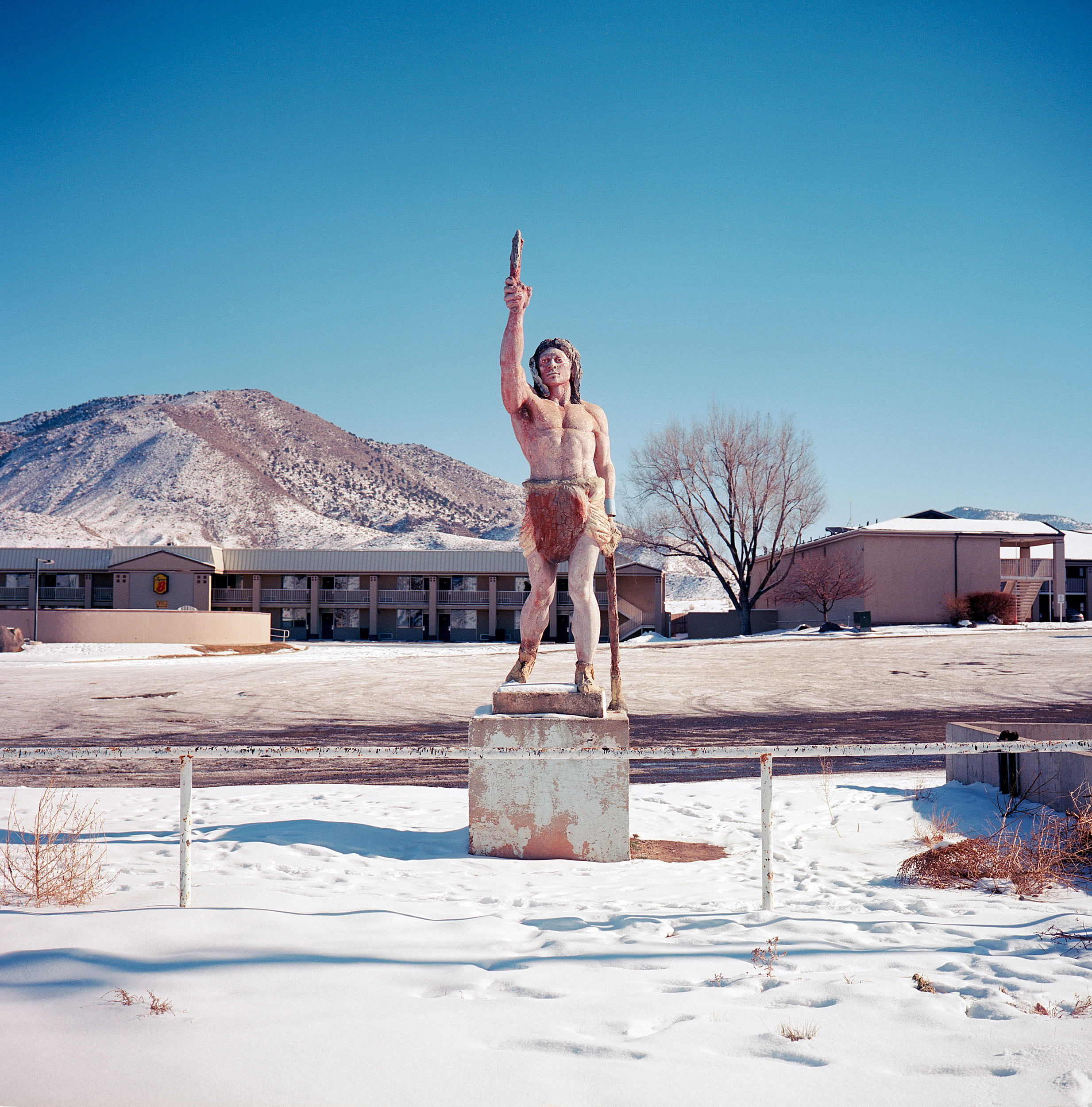  A roadside Native American statue in Salina, Utah. The statue used to be a slave holding a cup, but was rebuilt sometime between 2003 and 2004. The cup was changed to an axe, and the slave was transformed into a Native American. 