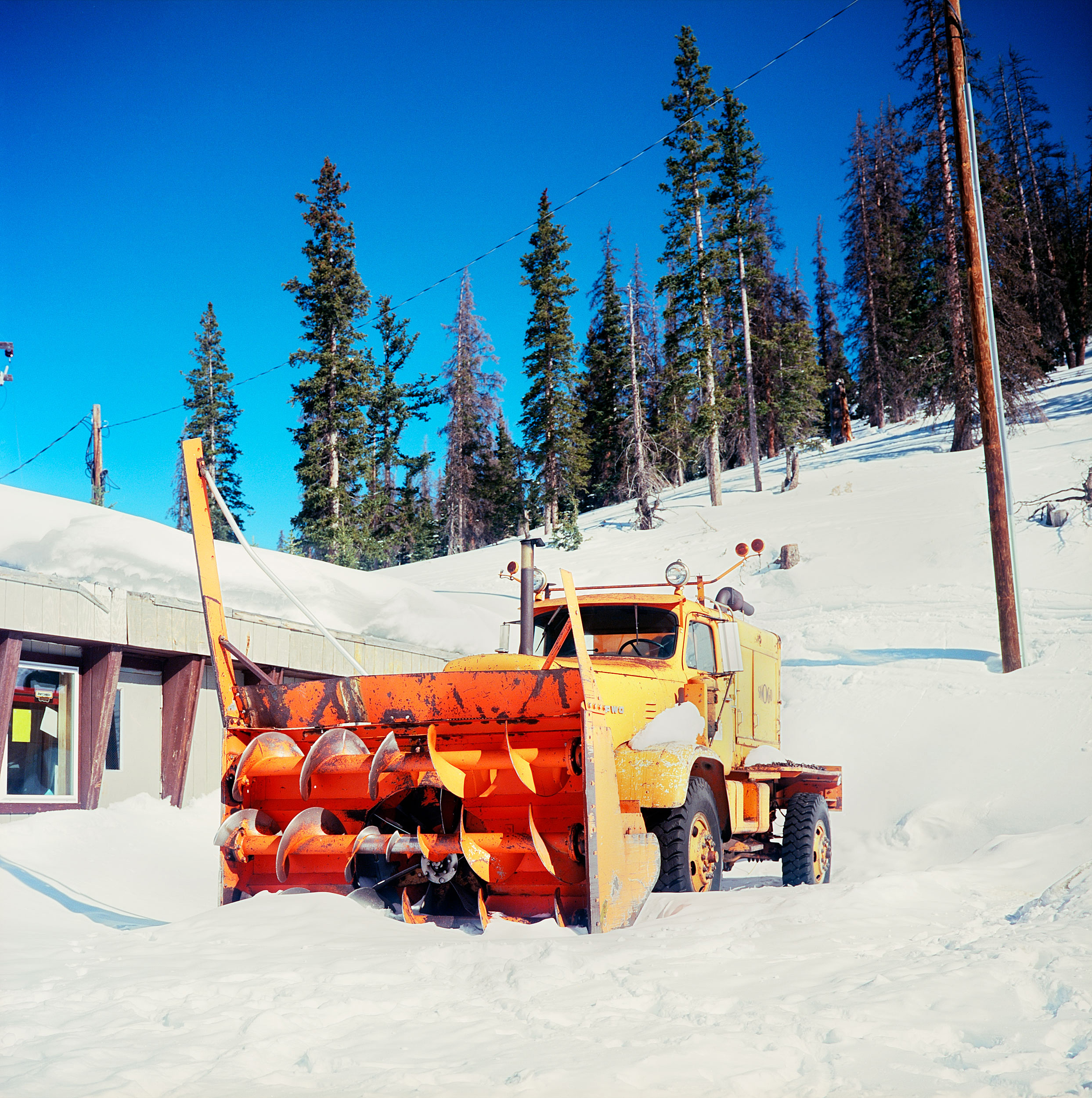  A giant snow plow rests at Monarch Pass in Colorado. The pass sits on the continental divide at an elevation of 11,312 feet above sea level. I had great weather during the road trip and going through the pass in the middle of winter was a breeze – n