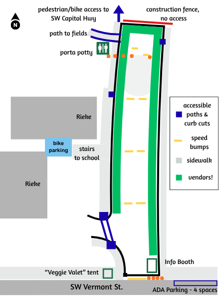 Simple map of a linear parking lot with accessible paths on the west, a porta potty at the northwest end, bike parking at the elementary school, and the Information Booth at the Southeast corner. Main market entrance on SW Vermont St.