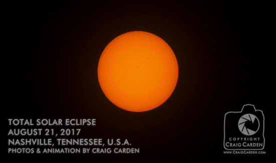 An animated assembly of just over 100 shots, yielding a drastically sped-up view of the eclipse. Three-plus hours reduced to 10 seconds; Still amazing!