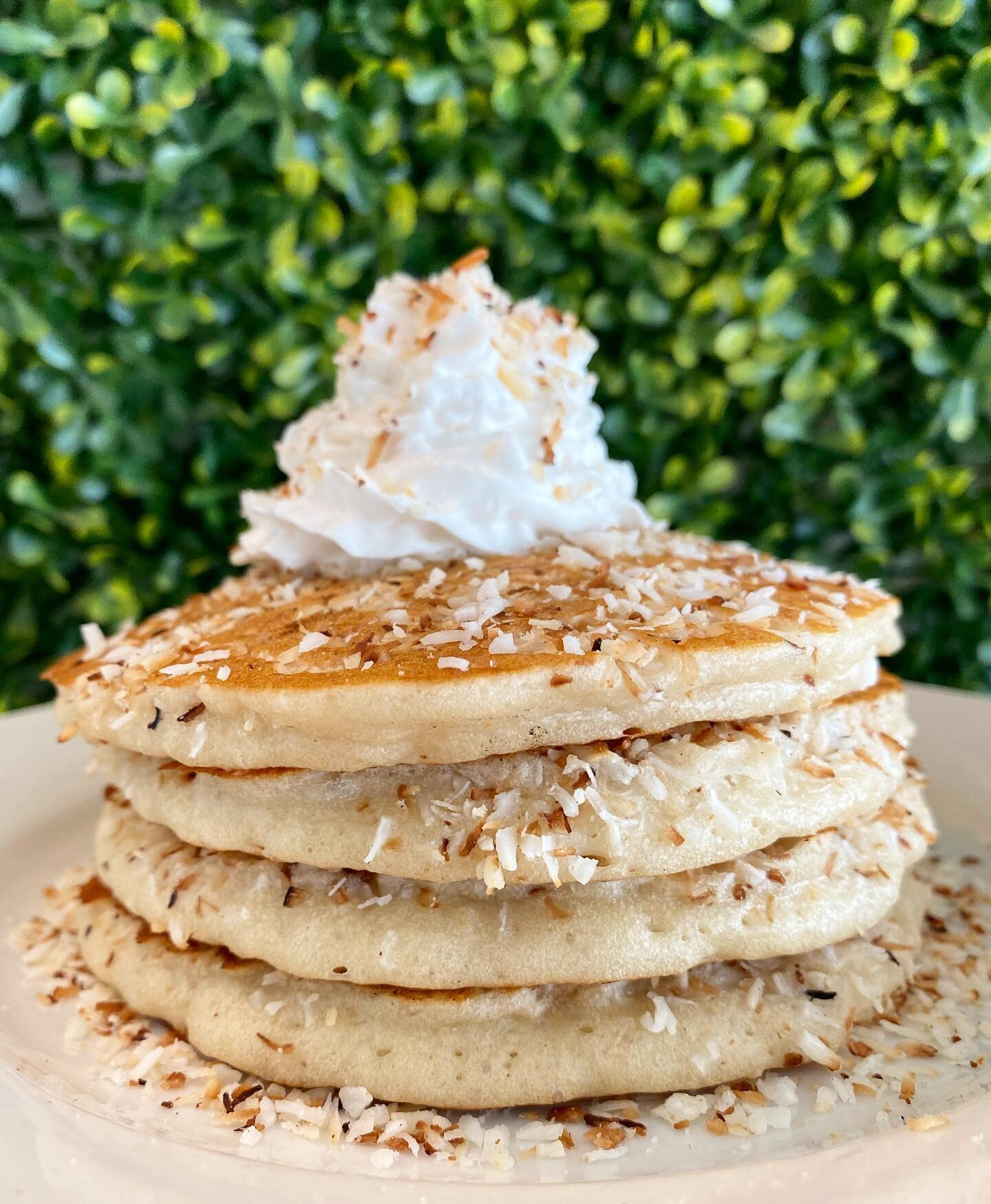 It may be a little gloomy out there, but today&rsquo;s Sunday Stack is putting a smile on our face 🤗. COCONUT CREAM Pancakes with toasted coconut &amp; whipped cream.  On special all day in Avon! #veganbrunch