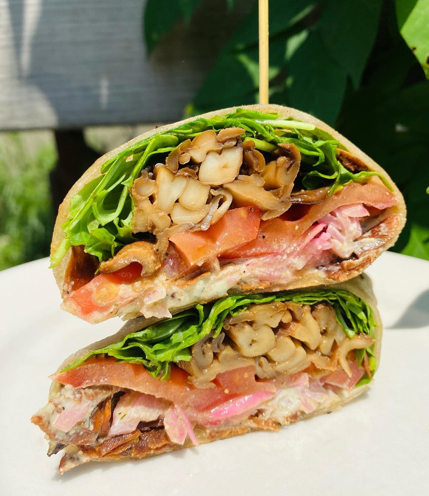 Happy Monday! This week&rsquo;s special is one that you don&rsquo;t want to miss. GRILLED CHIK'N RANCH WRAP // marinated &amp; seared maitakes, baby arugula, coconut bacon, sliced tomato, pickled red onion, cashew ranch, gluten free tortilla. It is a