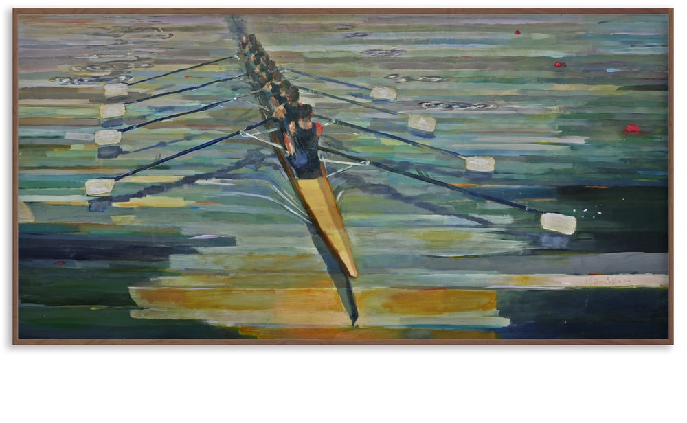  La Noue immersed in the rich tradition of rowing and completed two large commissioned paintings for the McConnell family boathouse at the University of Notre Dame. This painting SWING is on permanent exhibit at the rowing facility. (Prints available