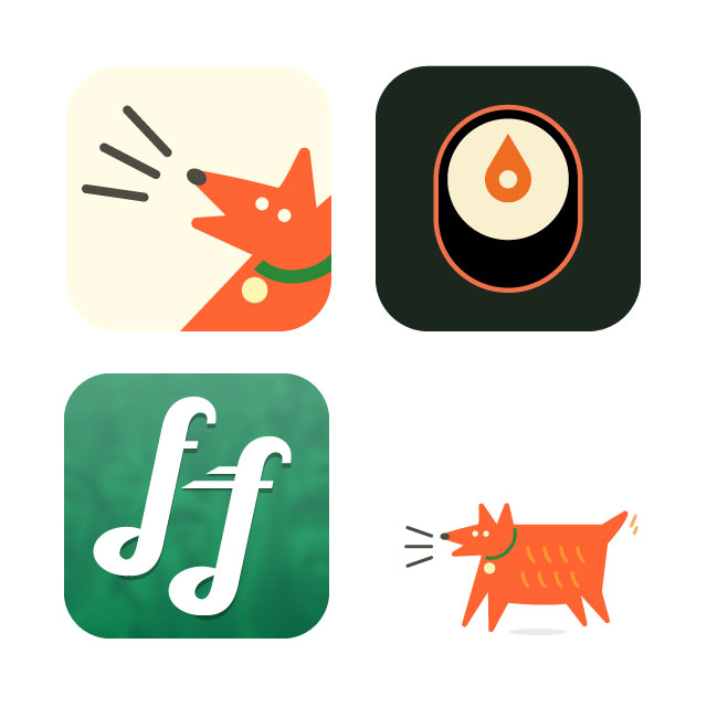 a selection of App Icons from quick design consultations with student teams training at Mobile Makers. FindMyDog, SushiSnob, FanFueled.