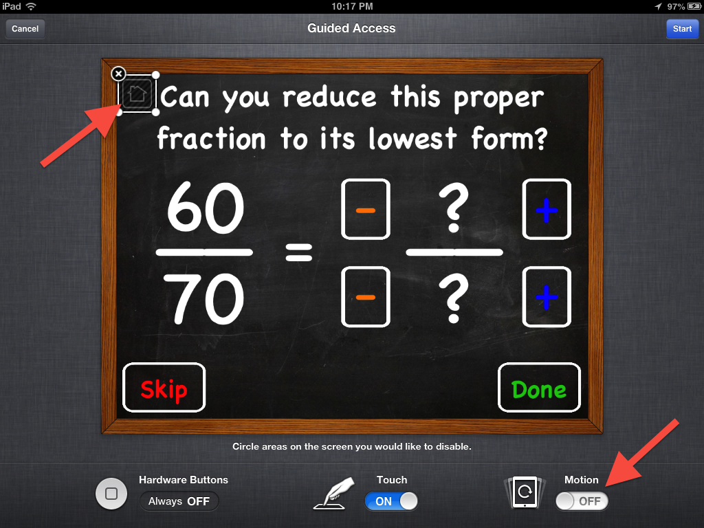 Guided Access screen with a box drawn around a button at the top left corner of the screen. Motion button set to off.
