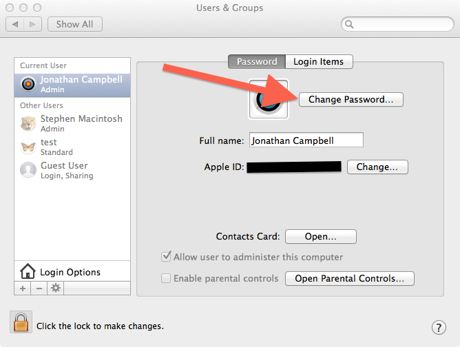 User & Groups System Preferences menu with an arrow pointing at Change Password menu.