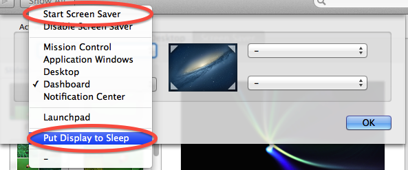Hot corner pull down menu with Start Screen Saver and Put Display to Sleep circled.