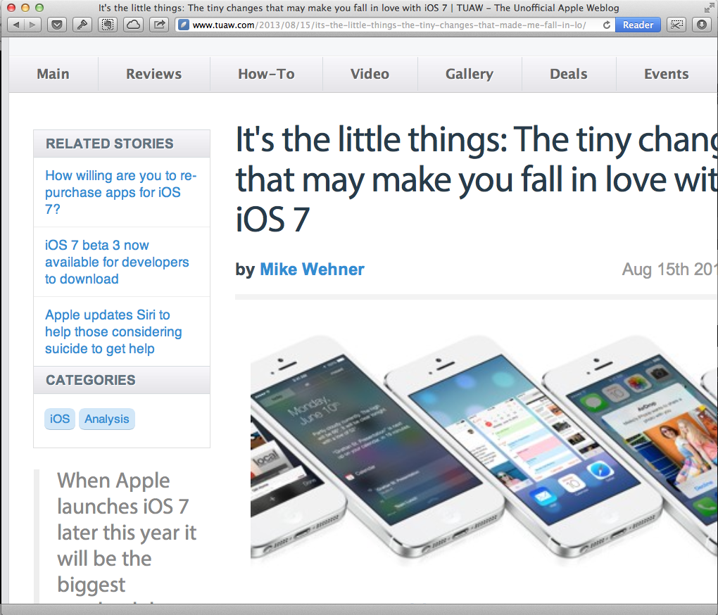 Screenshot showing the TUAW article magnified to a very large size.