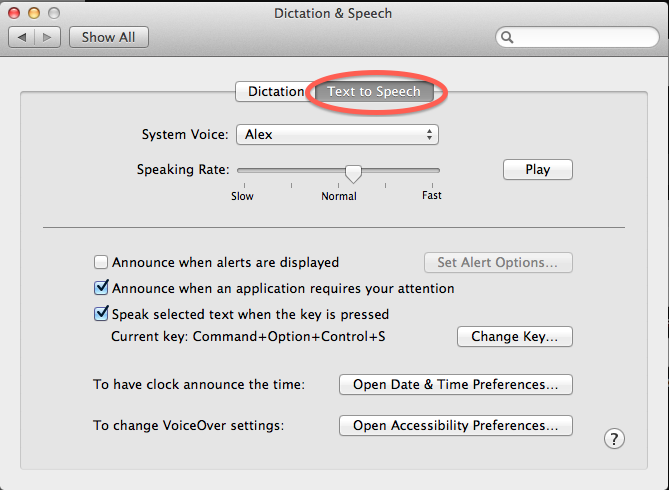 Dictation & Speech System Preferences Panel with the Text to Speech Tab highlighted.