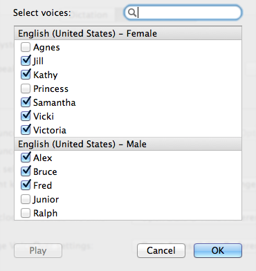 Select Voices window with list of several voices
