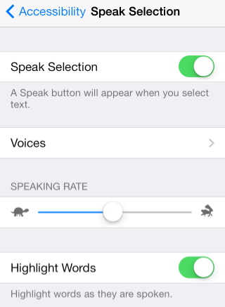Speak Selection Menu - Speak Selection Turned On.