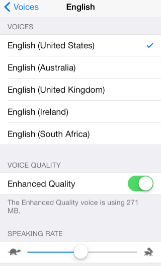 Speak Selection English Menu - Enhanced Quality Turned On.