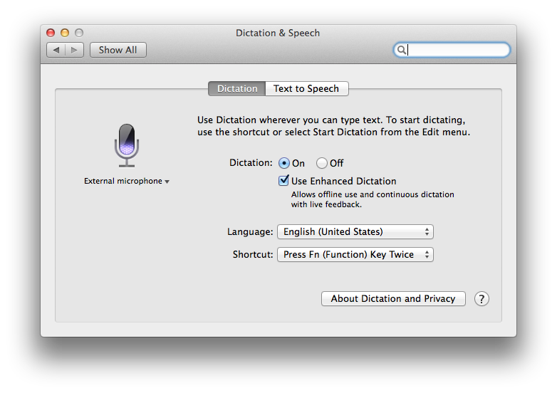 Speech & Dictation System Preferences Window