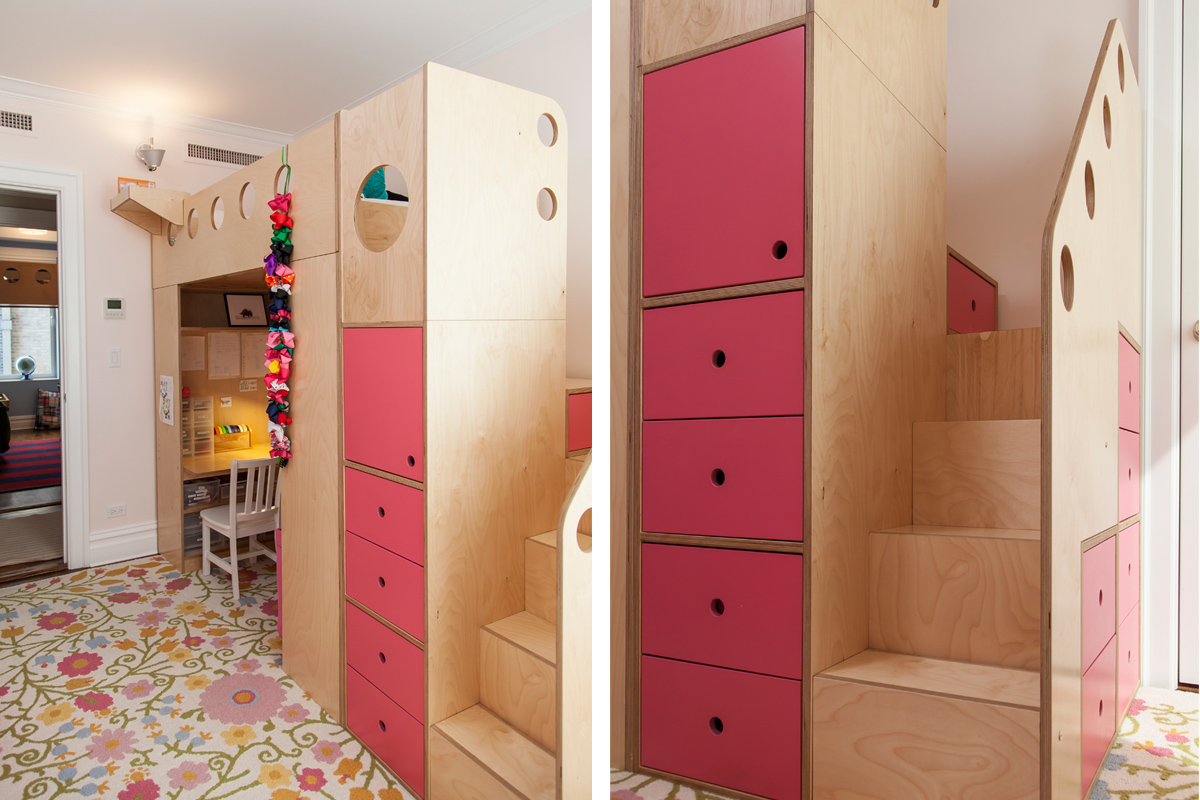 casa kids loft bed with stairs and pink accents