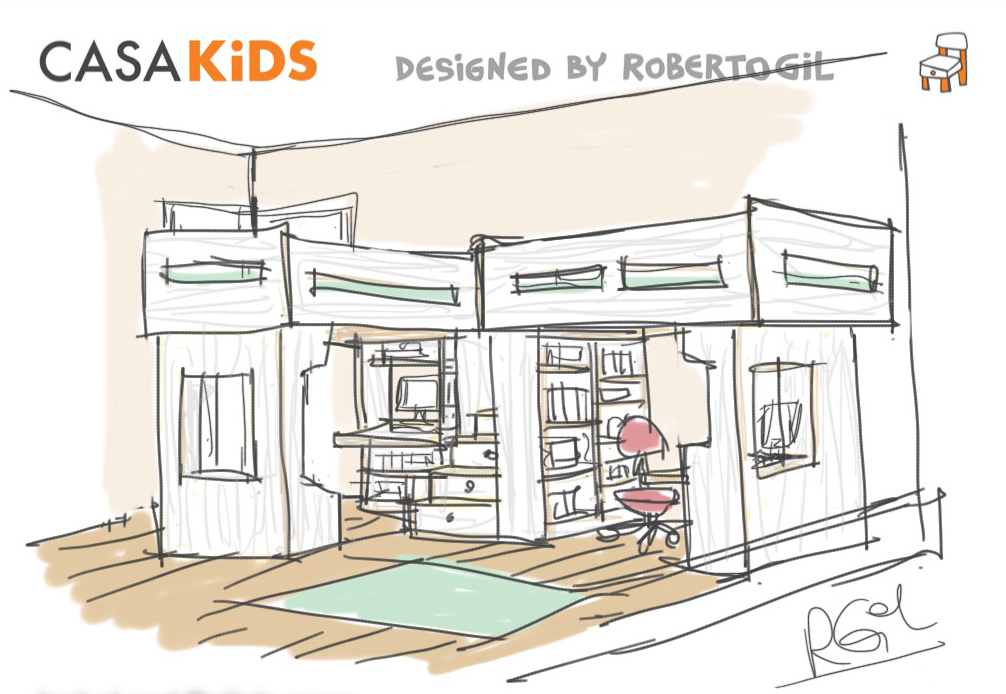 Child’s room sketch by Casa Kids: Loft bed, desk, shelving. Wooden floor, rug. Designed by Roberto Gil.