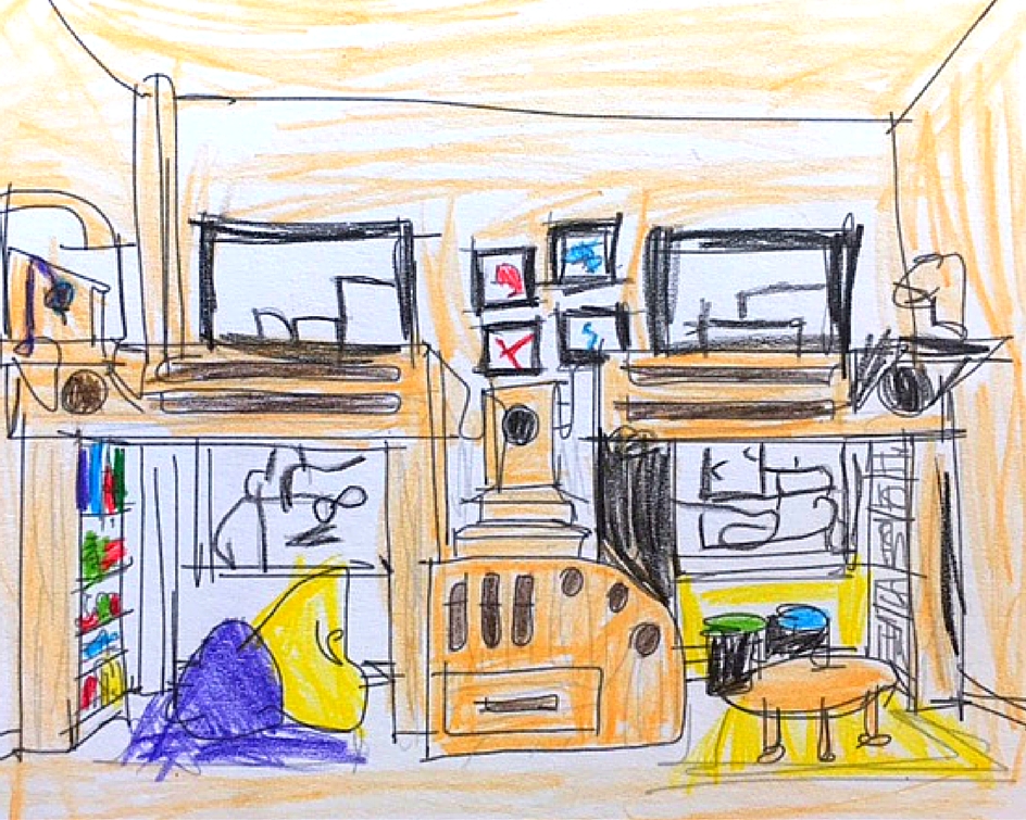 Child's colorful drawing of a detailed, busy room filled with various objects.