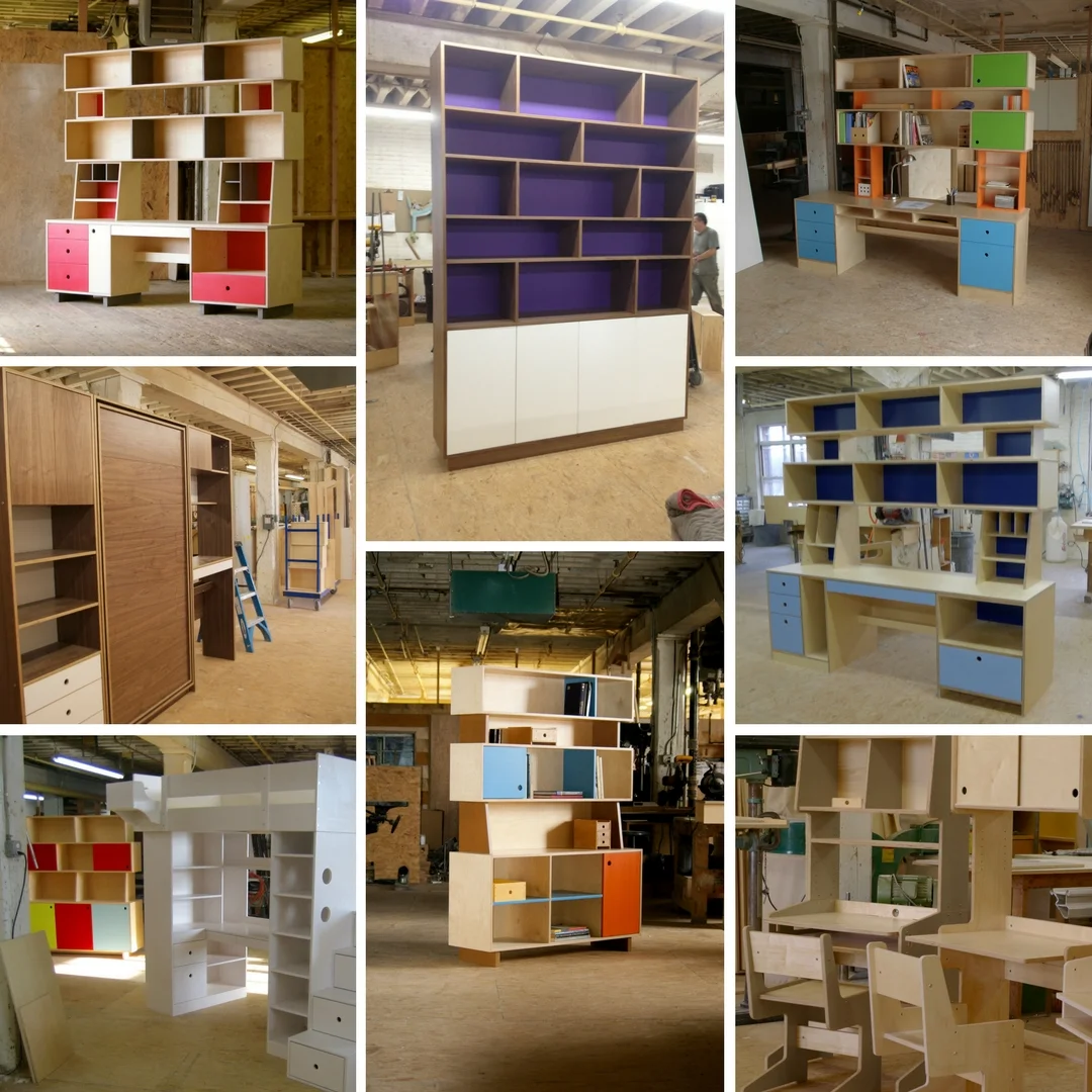 Collage of various modern and colorful bookshelves displayed in different configurations.
