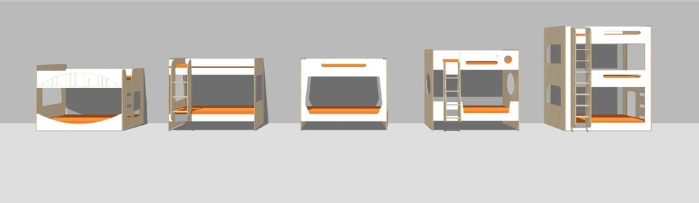 A series of five different children's bed designs, ranging from mini bunks to loft beds, depicted in a minimalist style.