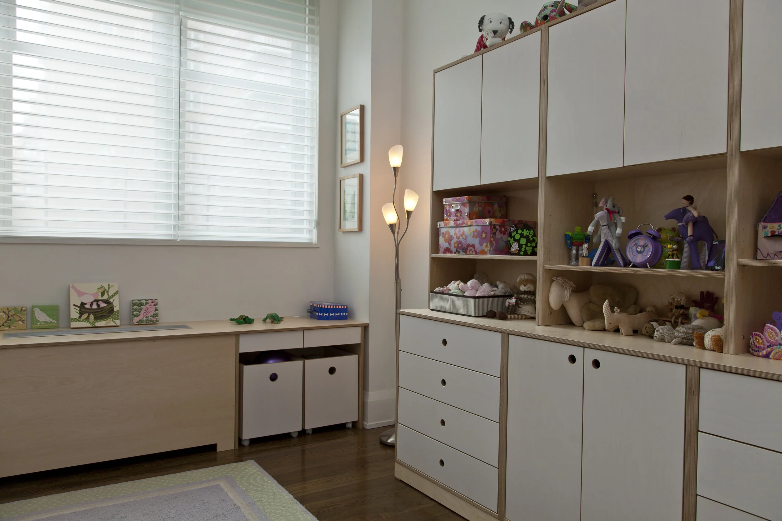 Combine open shelving with drawers and cabinets