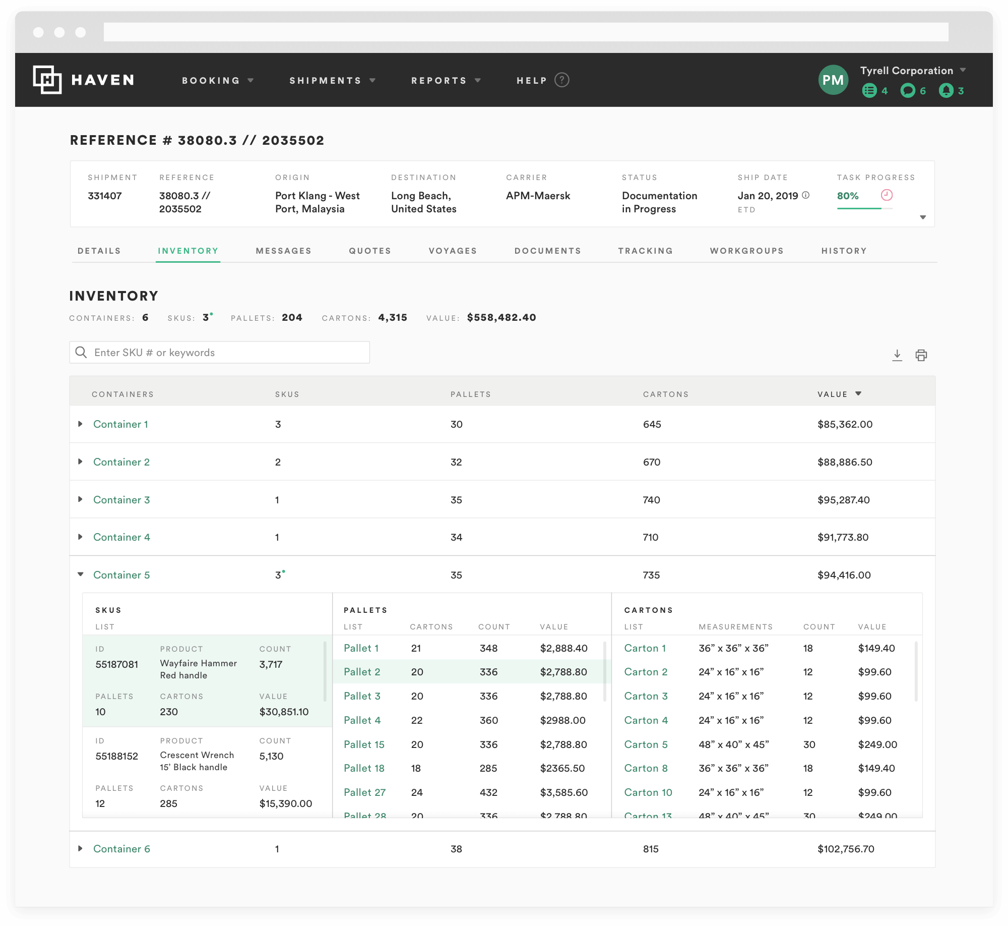   Inventory management  This was a design concept (to be built) which provides granular data visibility of shipment &amp; parcel contents. Cost and status tracking info from sku level through palette and container. 