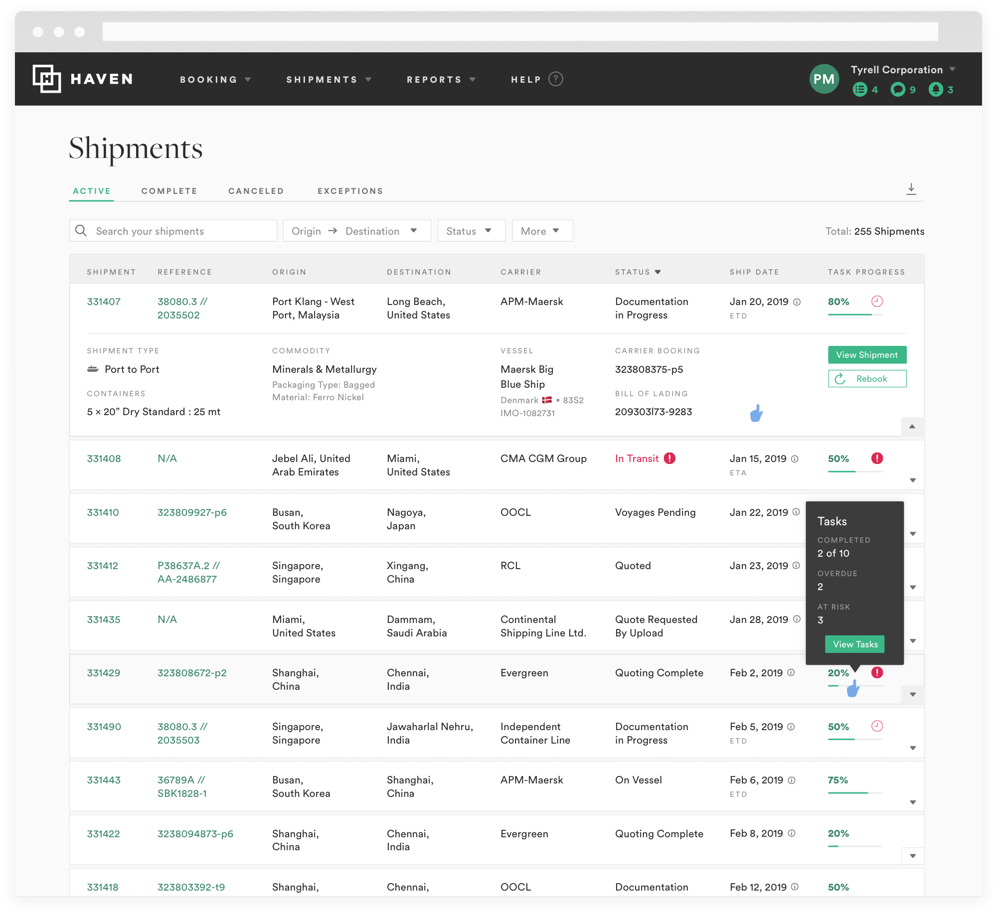   Shipment list view  We improved the existing page, clarifying information priority, updating styles to use the Freight library (see project), and added shipment tracking and task progress monitoring and alerts. 