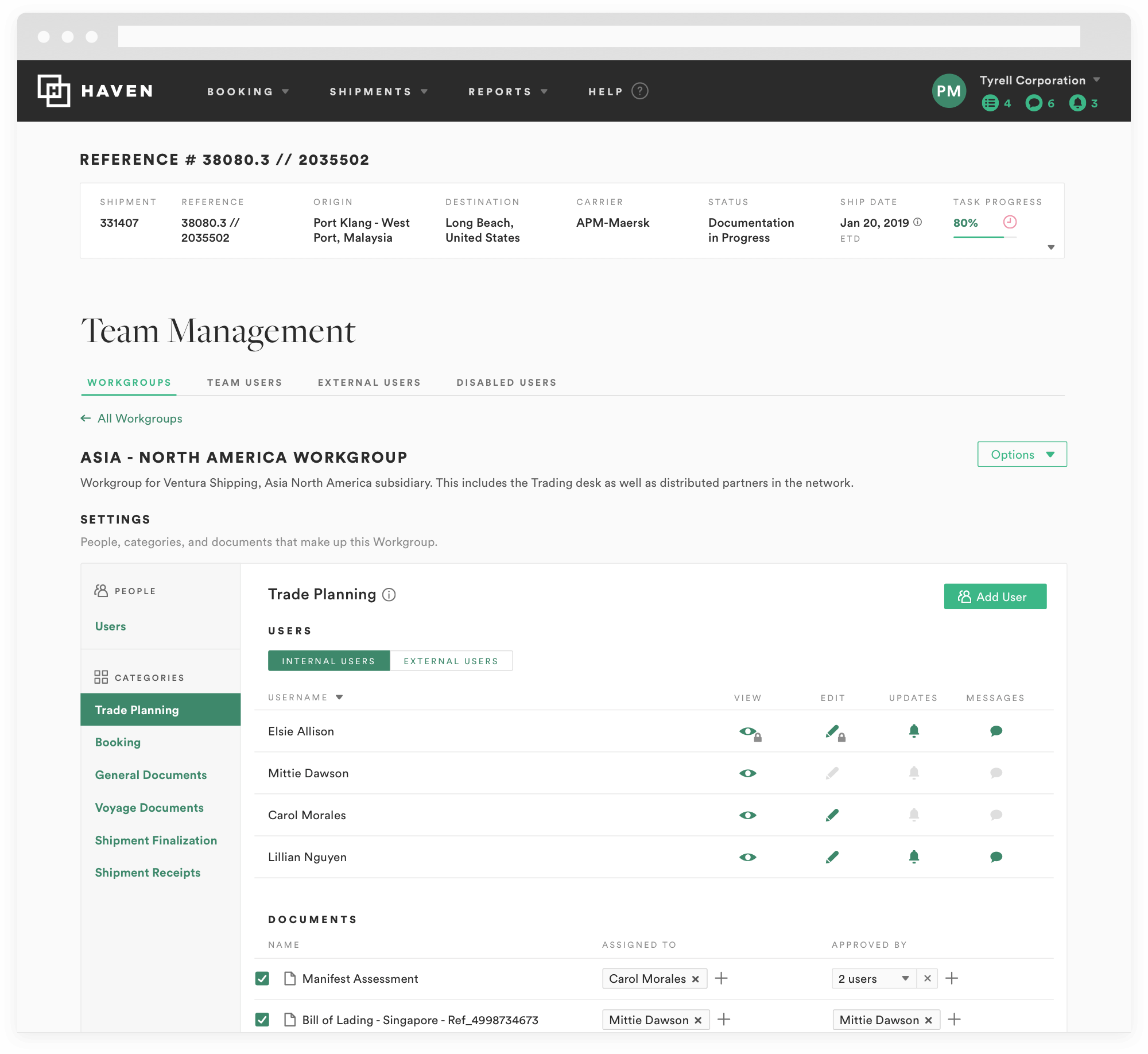   Workgroups  This feature was built from scratch. Workgroups are created by customers to support and map to their existing logistics processes: shipment phases, documents, and team members. Team members are assigned roles &amp; responsibilities, foc