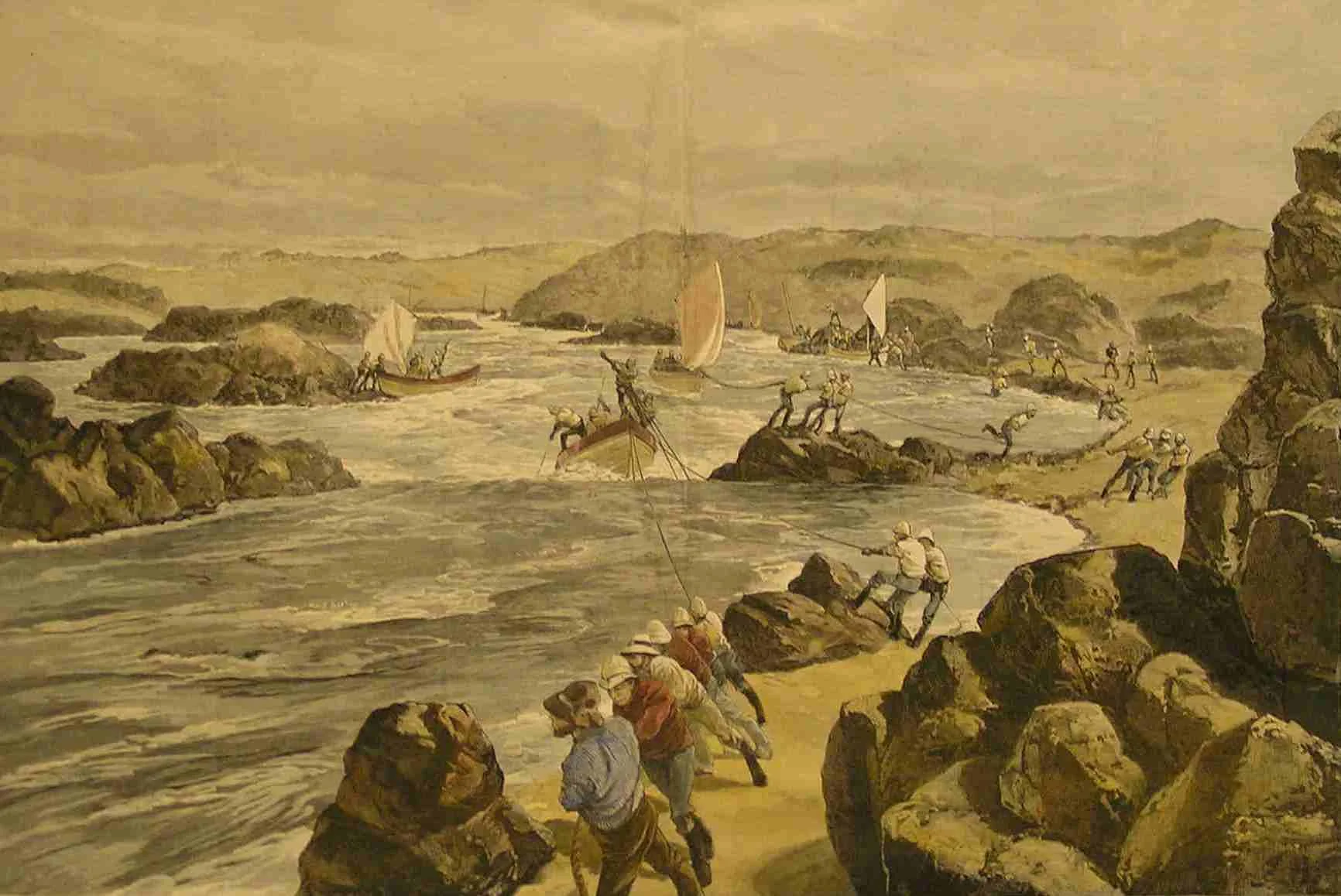 There was no
alternative through the worst of the cataracts than to haul up the whaleboats
by human labour, as animals or steam traction was impossible. This beautiful picture,
cut from The Illustrated London News
and hand-coloured, is of special interest for showing a Canadian
voyageur in the foreground, one of a contingent of almost four-hundred men - including some forty Iroquoian
Mohawks - brought over by General Wolseley because he had been so impressed
with their skills as boatmen during his Red River expedition in western Canada
fourteen years earlier. Instead of the anonymous officer of several of the
other sketches, this one was by Melton Prior, special correspondent for the Illustrated London News during the Nile
campaign.