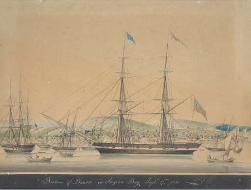 This
watercolour, entitled Beatrice of Dundee
in Smyrna Bay, September 17th, 1832 , is variously attributed to
the Marseilles marine artist Mathieu-Antoine Roux (1799-1872) or the Turkish watercolourist
Raffaele Corsini. Despite also being a brig and being present in the
Mediterranean in the right decade – Smyrna is modern Izmir in Turkey – it seems
likely that this vessel is another Beatrice ,
recorded elsewhere as trading out of Dundee and like the other Beatrice also being involved in
transatlantic traffic, taking passengers to New York in 1830. The Beatrice of Dundee was smaller,
recorded at 174 tons, but this picture gives a good impression of how the larger Beatrice might have looked, with the
same basic rigging and the line of gunports.