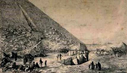 This image of the north face of the Pyramid of Menkaure was made in 1842, only five years after Colonel Vyse's explorations. It shows the damage caused in 1196 by Saladin's son, Malek Abd al-Aziz Othman ben Yusuf, whose attempt to dismantle the pyramid created the gouge you can see above the modern entranceway and stripped away much of the façade. Vyse added to the damage by using gunpowder to blow his way through to the burial chamber.