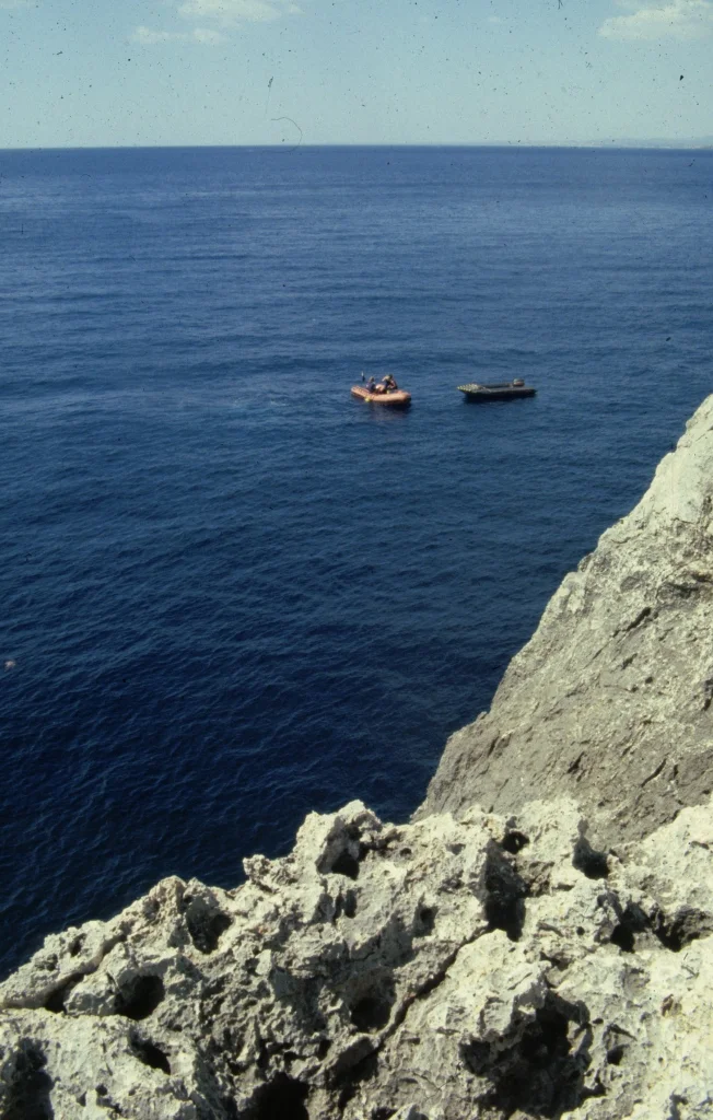 Our boats over the Plemmirio Roman wreck, looking south along the shore of eastern Sicily towards Africa.