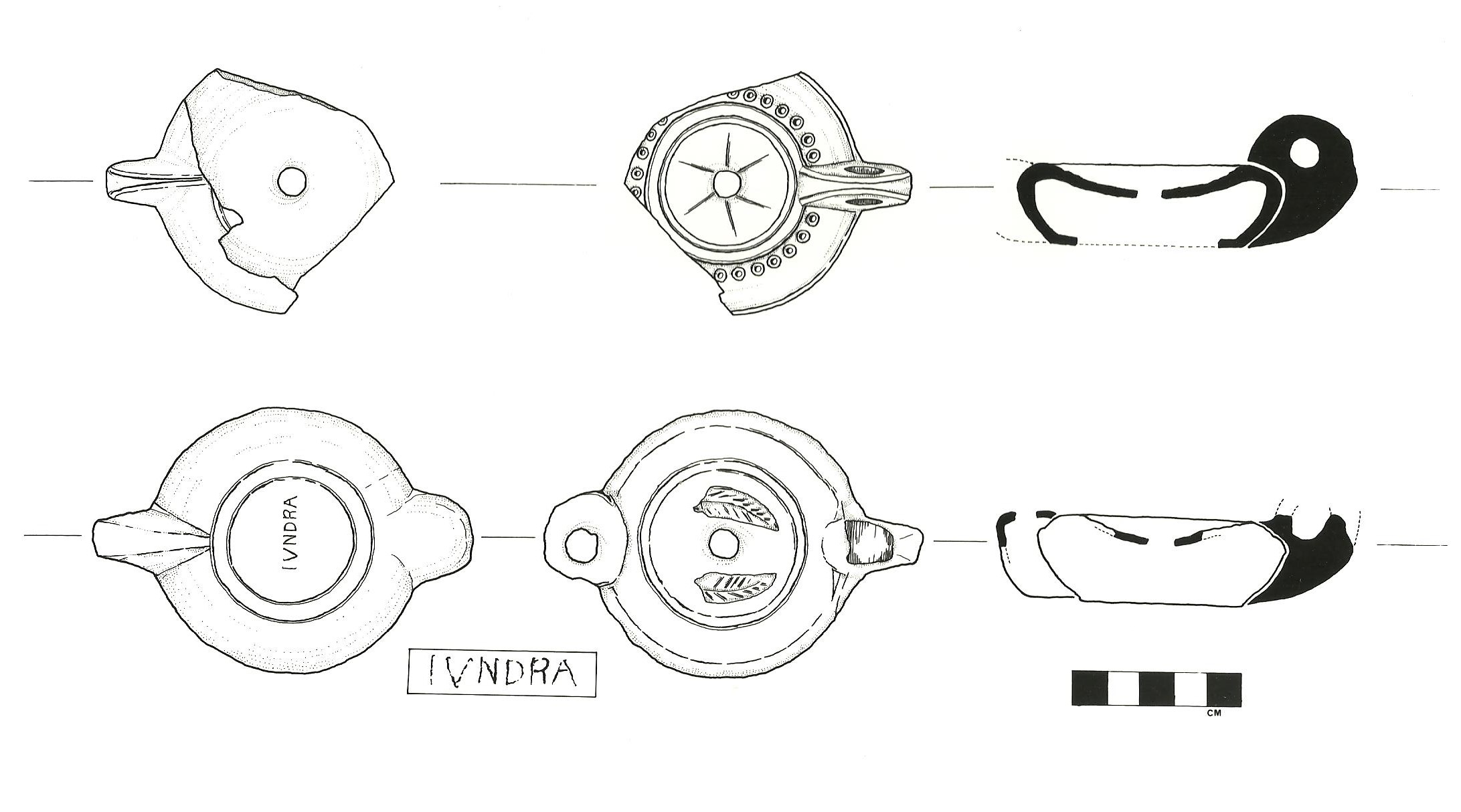 Two of the pottery oil lamps from the wreck, the lower one stamped IVNDRA (probably Iunius Draco) (drawing: David Gibbins).