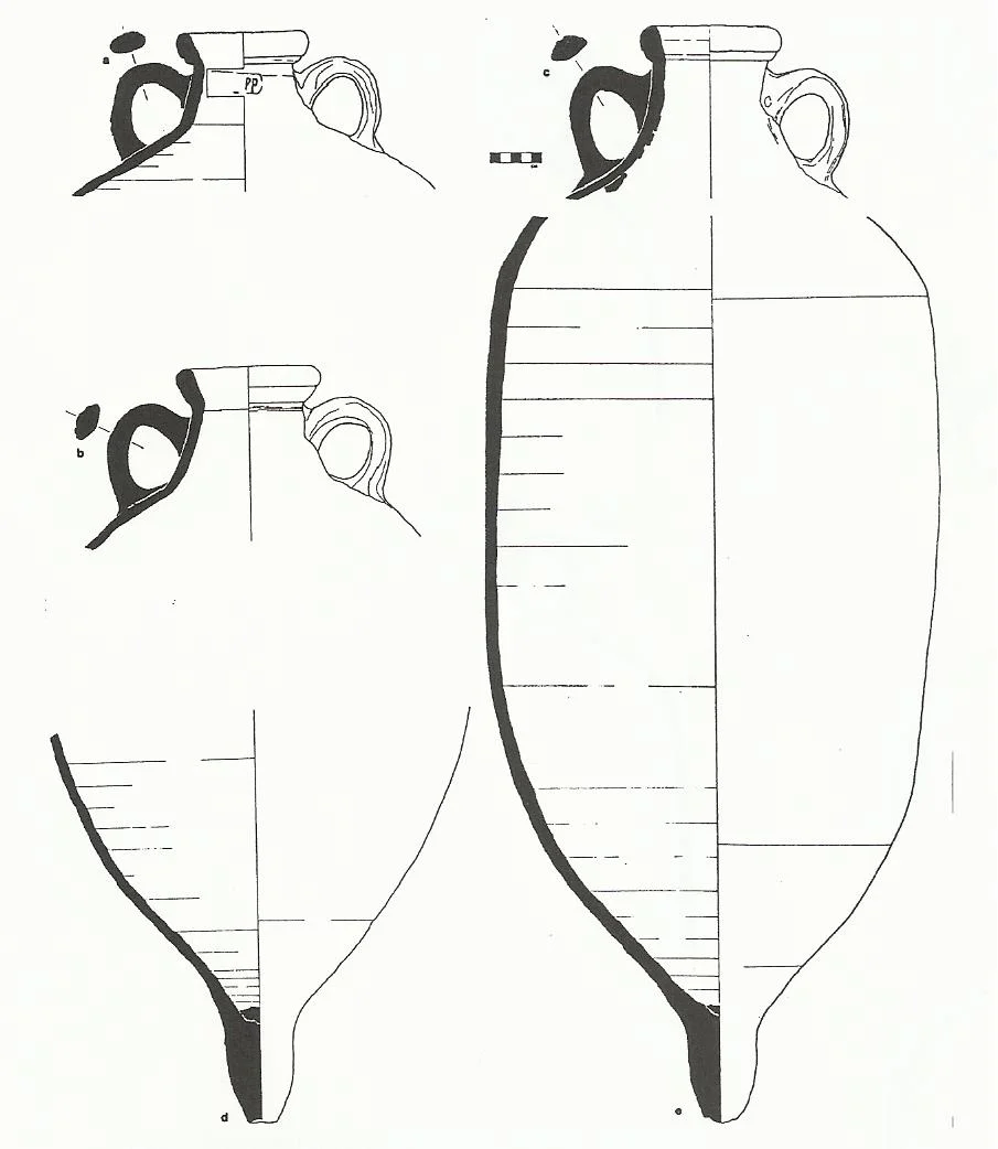 Africano Grande amphoras from the wreck, including the neck stamped PP at upper left (drawing: David Gibbins).
