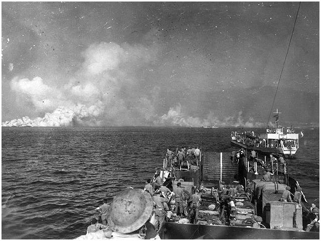Operation Dragoon, south of France, 15 August 1944: landing craft under British command after having been offloaded from assault ships, including Empire Elaine (photographer unknown).