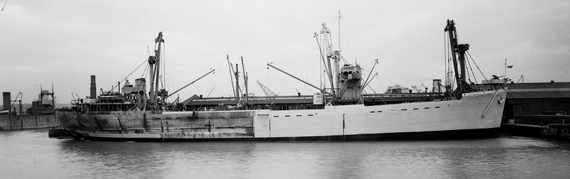 The assault ship Empire Elaine on the Cyde in 1943 during her refit in preparation for Operation Husky, the invasion of Sicily in July of that year.