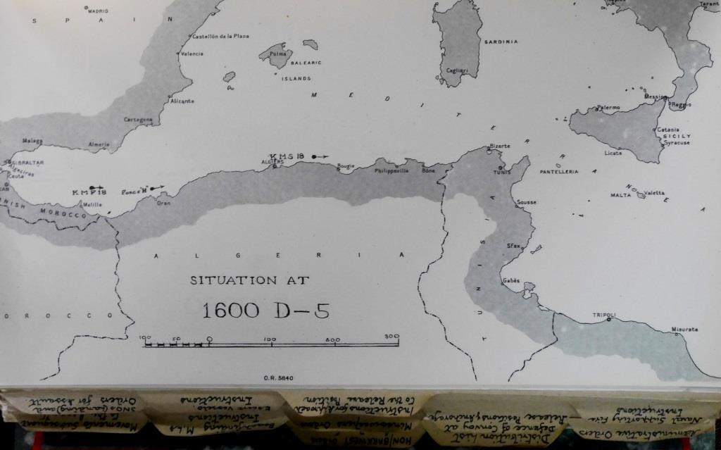 One of a series of maps in the Force V Naval Operations Orders predicting the location of convoy KMS 18 as it neared Sicily - in this case very closely predicting her position off Algiers on D-5 (5 July) when she was attacked by U-593, resulting in the loss of Devis.
