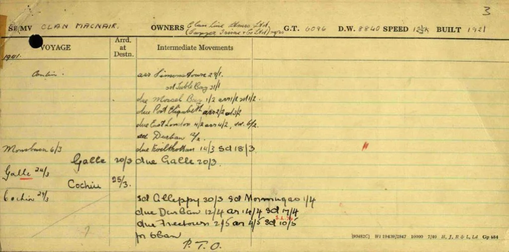 The Ship Movement Card for Clan Macnair showing her departure from Freetown on 10 May 1941 in convoy SL-74 (an unusual detail, as the cards rarely identify convoys) (UK National Archives).