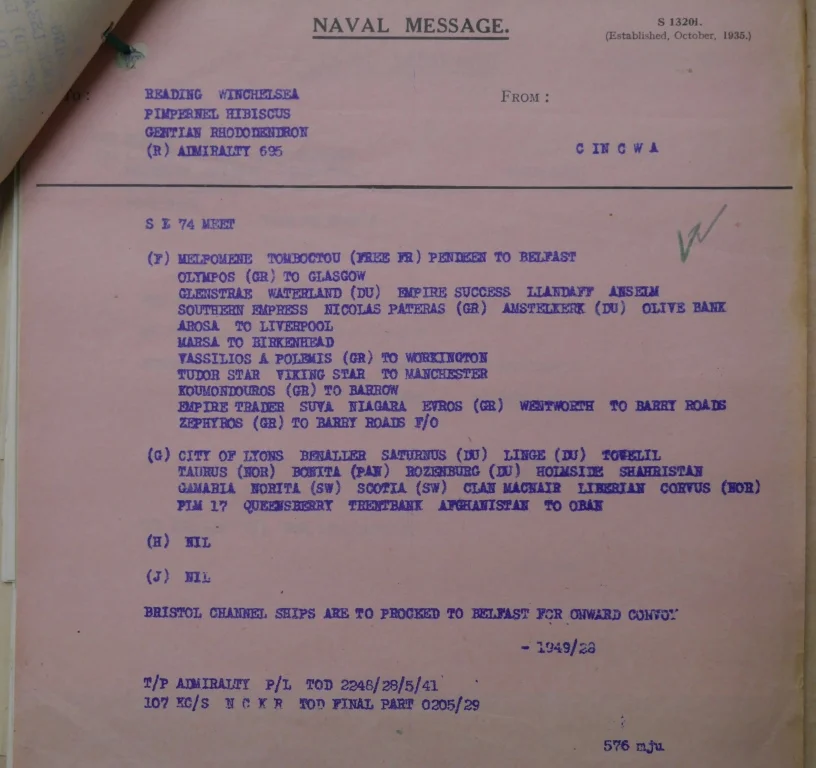 The final message in the record for SL-74 showing the convoy split as it approached the UK, with the second group, including Clan Macnair , destined for Oban (UK National Archives, ADM 237/1187).