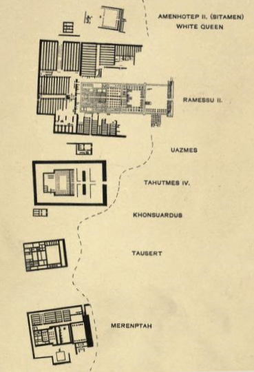 Petrie' original plan from his 1897 report Six Temples at Thebes showing the Temple of Merenptah at the bottom.