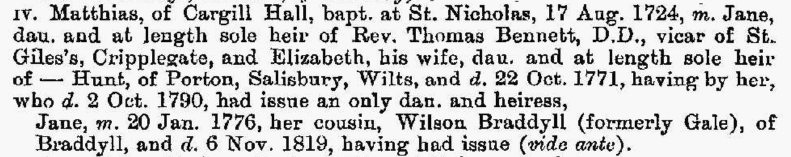 An extract from Burke's Family Records (1894) on the Gale family, showing Matthias. The same pedigree shows his descent from John Gale (born 1641), the first of the Whitehaven Gales, and also the descent from Matthias' brother John to my great-grandmother, Helen Mary Gale (born 1881). You can see the entire pedigree on Ancestry.co.uk .