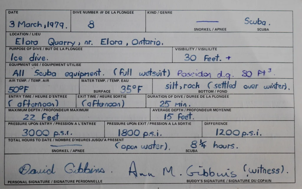 A page from my log for that dive.