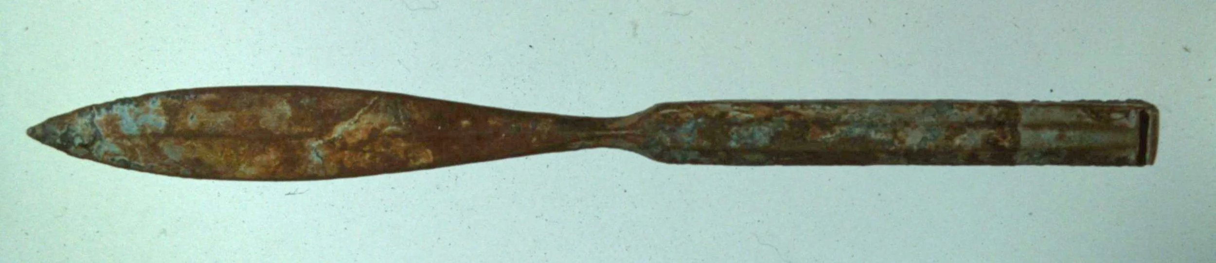 The Roman scalpel shown in the image above. The blade on the left is a 'blunt dissector', and on the right there would have been an iron knife. This is one of the finest Roman surgical instruments ever found, and the only one of this type to have been discovered on a wreck - probably the belongings of a travelling doctor, perhaps a specialist eye-surgeon. Length: 8.5 cm.