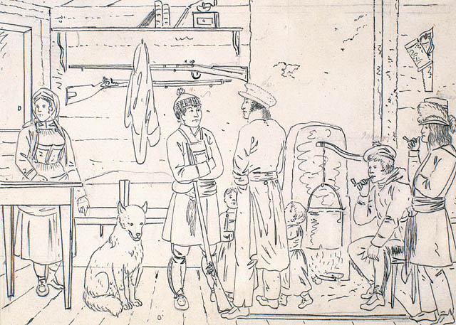 'Colonists on the Red River in North America', c. 1822, by Peter Rindisbacher, a young Swiss artist who was one of the original settlers under Lord Selkirk. The man with the military greatcoat and cap in the middle is thought to be a De Meuron Regiment veteran; the upper of the two long guns on the wall has the instantly recognisable butt shape of a Brown Bess musket. National Archives of Canada .