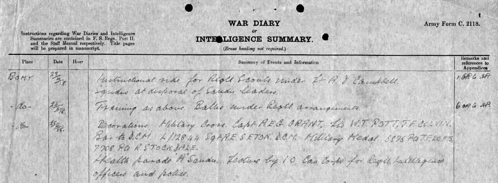Entry in the 9th Lancers War Diary of 25 April 1918 showing the award of the Military Medal to Private J.F. Lofts (UK National Archives, WO 95/1113/2 ).